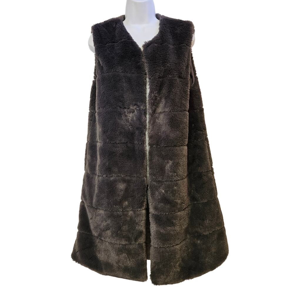Gray Long Open Front Faux Fur Vest Size L Mob Wife‎ Preppy Old Money Casual